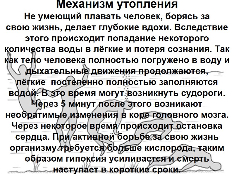 Механизм утопления Не умеющий плавать человек, борясь за свою жизнь, делает глубокие вдохи. Вследствие